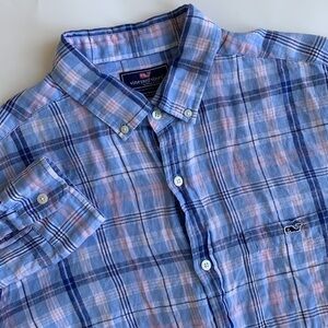 Vineyard Vines Classic Fit Tucker Shirt 100% Linen‎ Blue Plaid Mens Size Large